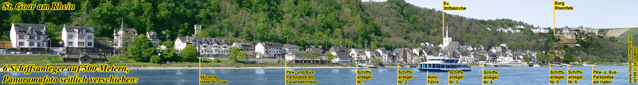 St. Goar am Rhein. Panoramafoto mit 6 Schiffsanlegern.