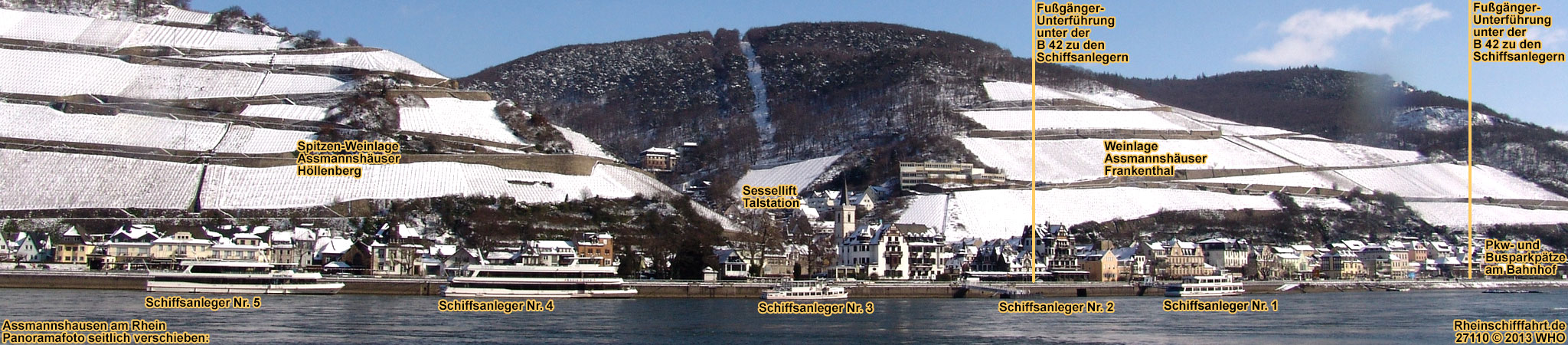Schiffsanleger in Assmannshausen, auch in den Wintermonaten Schifffahrt auf dem Rhein bei Assmannshausen Richtung Loreley