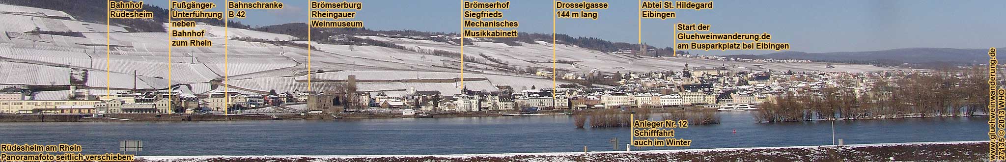 Rüdesheim am Rhein im Winter. Panoramafoto mit Schiffsanlegern.