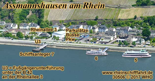 Schiffsanleger 5, 6 und 7 am Rheinufer in Assmannshausen mit der Fu�g�ngerunterf�hrung unter der B 42 an der Rheinallee 3