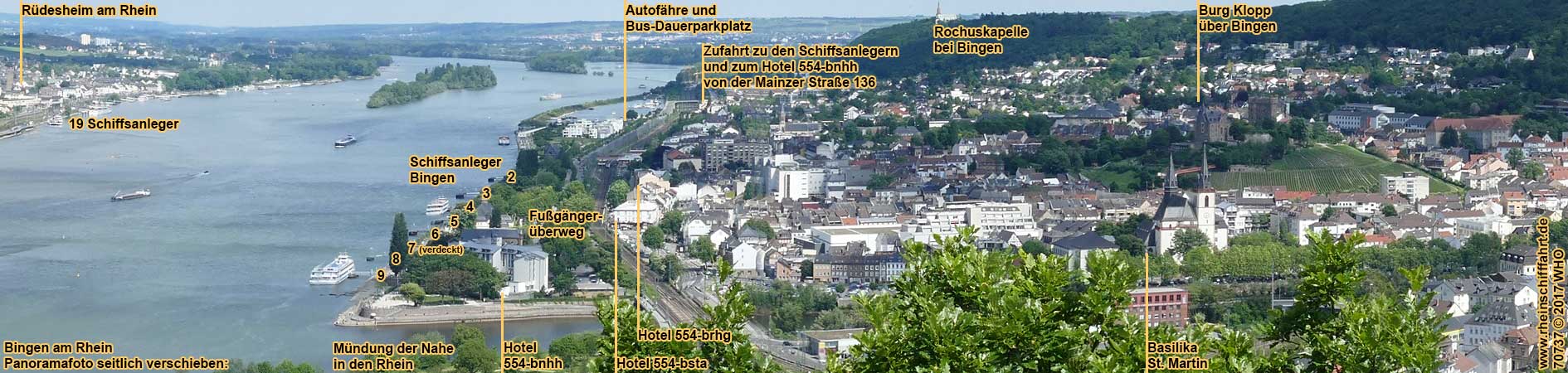 Bingen am Rhein. Panoramafoto mit Schiffsanlegern.