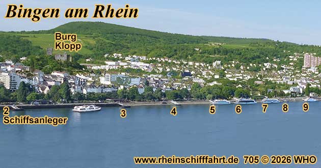 Luftaufnahme vom Rheinufer bei Bingen mit 9 numerierten Schiffsanlegern und Burg Klopp