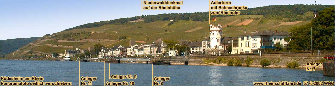 Rüdesheim am Rhein. Panoramafoto mit Schiffsanlegern.